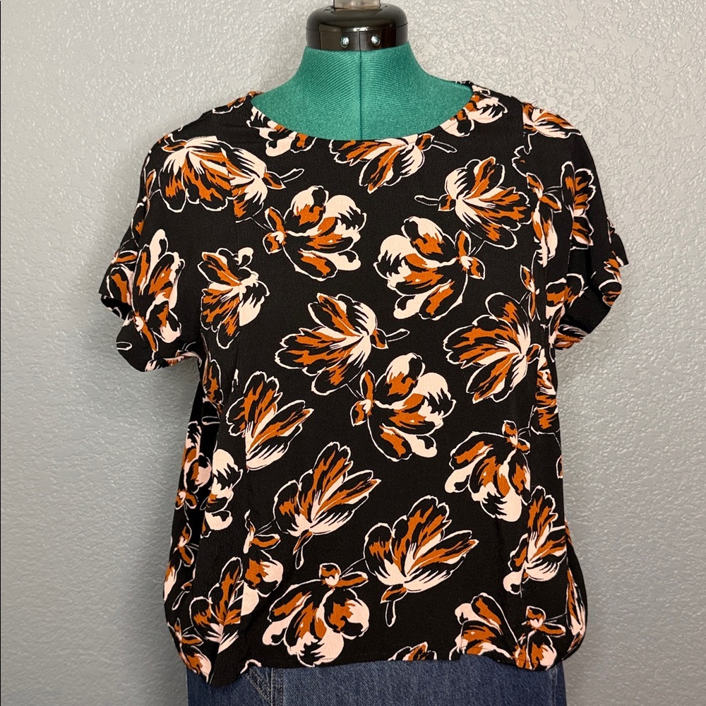 Madewell Black Floral Blouse Women’s M Drapey Viscose Top Short‎ Sleeve - Picture 2 of 12